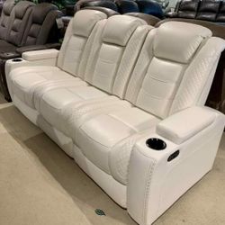Party Time Power Reclining White Sofa