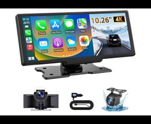 10.26" Wireless CarPlay Screen for Car: 4K Dash Cam & 1080P Backup Camera, Portable Touchscreen Car Stereo for Apple Carplay & Android Auto, GPS Navig