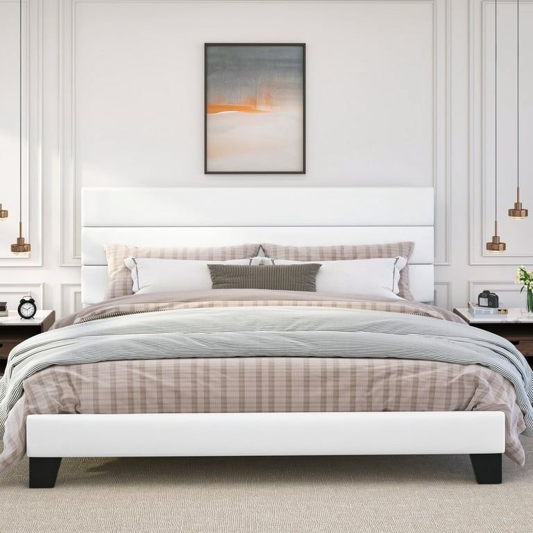 King Size Bed Frame, Platform Bed Frame with Upholstered Velvet Headboard, White