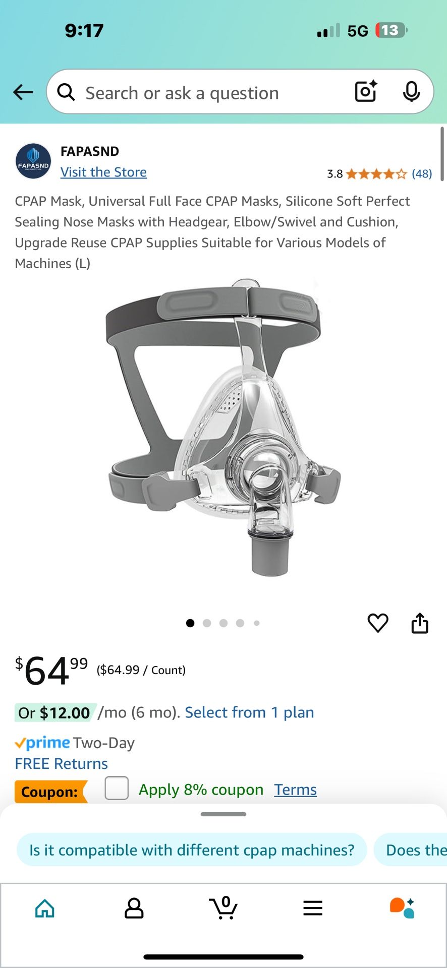 Two (2) F&P Simplus Full Face Mask With Head Gear