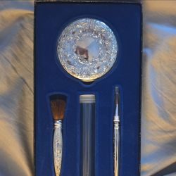 Sterling Silver Embossed Compact Mirror and Brush Set