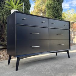 Mid Century Modern Style 6 Drawer Black Wood Lowboy Dresser