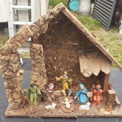 2 Vintage Wooden Manger Nativity Scenes & Door Wreath