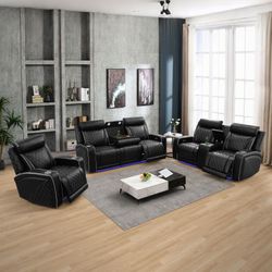 3pc Black Leather Sofa Set with Power Reclining Seats & LED Lighting