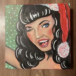 Original Bettie Page Painting On Gallery Wrap Canvas, 10x10, Christmas Bettie 