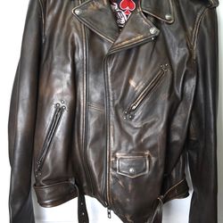 Thedi Leathers 2XL Distressed Brown Leather Motorcycle Jacket Biker Moto Belted
