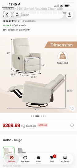 Costway 360° Swivel Rocking Recliner Chair Beige