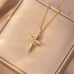 Gold Cross Necklace with Crystal Pendant – Elegant Religious Jewelry