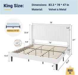 Allewie - King Size Bed Frame with Velvet Upholstered Padded Headboard and Vertical Ribbed Design; Upholstered Bed Platform; No Box Spring Needed; Stu