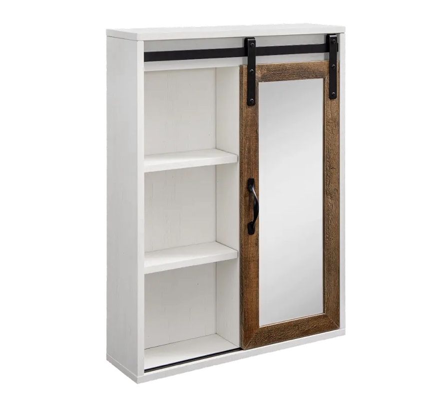 New Farmhouse Sliding Mirrored Barn Door White & Oak Wall Cabinet