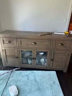 Tan wood grain credenza
