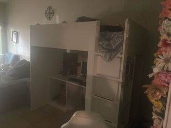 White Loft Bed with Desk and Shelves