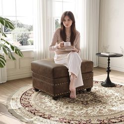 Faux Leather Ottoman with Storage, Rectangle Ottoman Coffee Table with Nailhead Trim, Solid Wood Legs, Oversized Upholstered Footrest Stool for Living