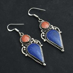 Lapis Lazuli & Coral Silver 2.2” Earrings-Southwest Design