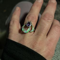 AMETHYST AND OPAL EARTH MINED RING NATURAL AND 925 STERLING SILVER SZ8