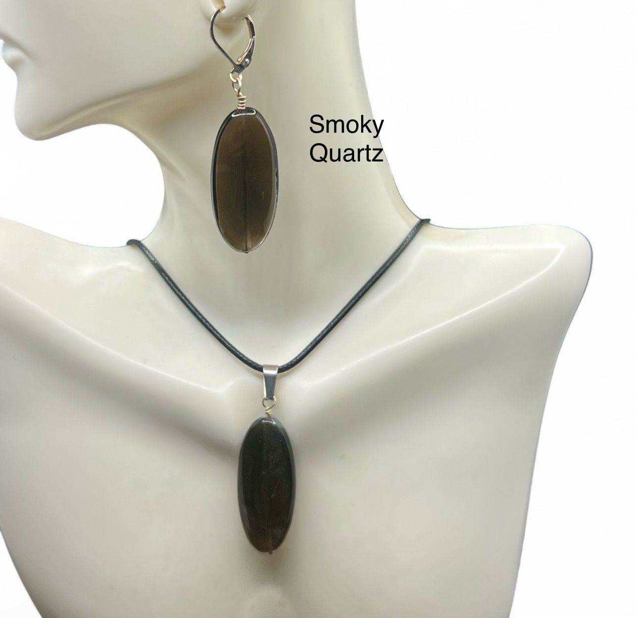 Smoky Quartz Genuine Stone Pendant Necklace & Earrings Set