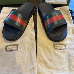 Men's Gucci Web Signature Stripe Slide Sandals Size 9 With Original Box