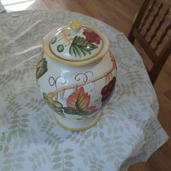 Large Hand Painted Tuscan Ceramic Canister, Jar w/ Sealing Silicone Seal Lid -

