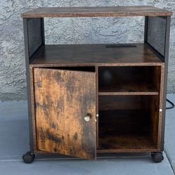 Rolling Plug-In Dark Brown/Black Printer stand/TV stand with outlets/usb cords and storage