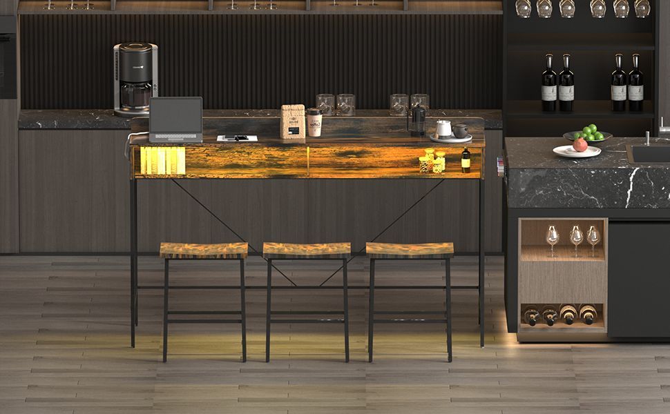 59 inch bar table, dining table, sofa table with power socket and LED light, 3 saddle stools, 4-piece bar table and chairs set for living room, dining