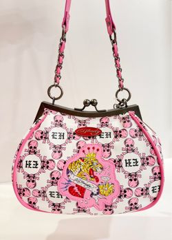 Ed Hardy Satchel, mid/small size. pink/white/black