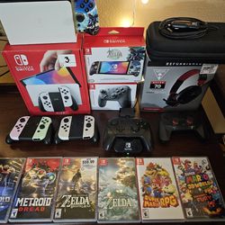 Switch OLED+ 4 Controllers+headset+Case+CarCharger+6 Games