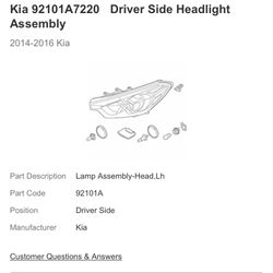 Forte Left Drivers Side HID Headlight Oem Part Number 92101A7220