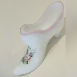 FENTON Fine Art Satin Glass Shoe Slipper Boot Figurine Orig Vintage CABBAGE ROSE Antique Collectible Pink Ruffled Rim