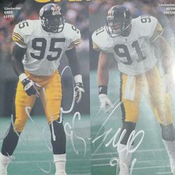 Pittsburgh Steelers gameday program from the Browns vs. Steelers game on September 11, 1994, featuring linebackers Greg Lloyd and Kevin Greene, autogr