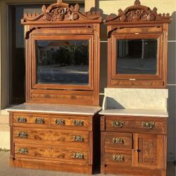 Gorgeous Matching Antique Victorian Eastlake Carved Walnut & Burl Dresser & Wash Basin
