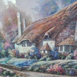 Landscape Painting English thatched cottage bridge swan floral  oak frame Boho grandma core Valente
