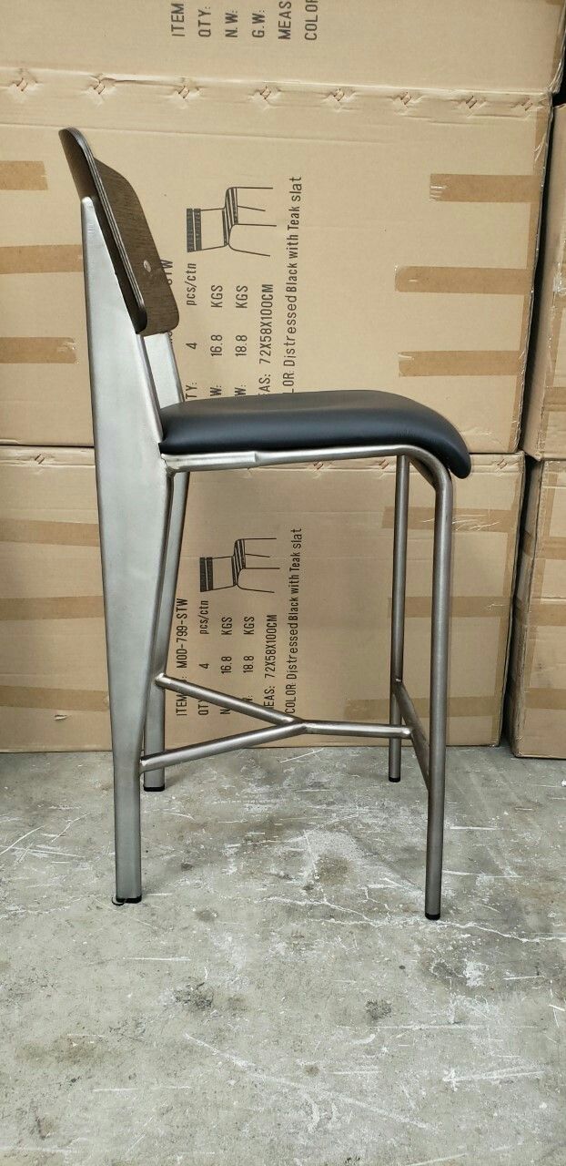 Counter Barstool 27"" Seat Height Stainless Steel Wood Back Black VInyl Cushion Seat