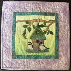 Handmade Quilted Birdhouse Wall Hanging – Chickadees & Nature Decor 14.25” square