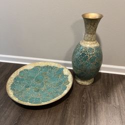 Pier 1 Imports Floor Vase & Platter Pair - Turquoise / Sea Foam Green & Gold / Mosaic 