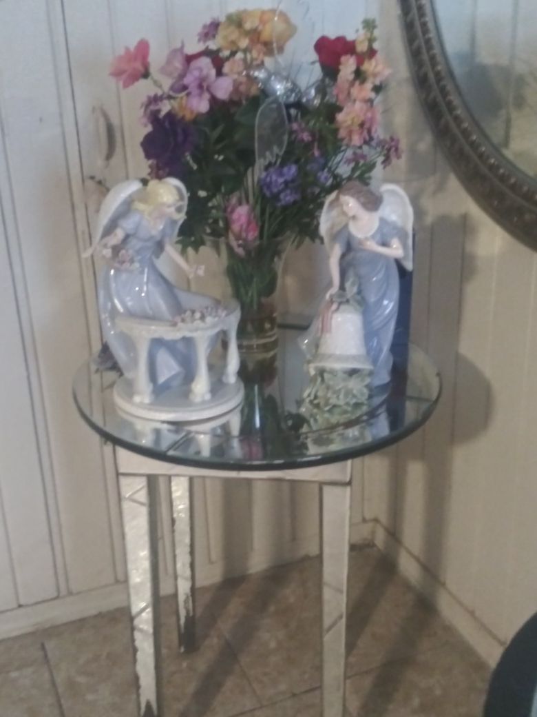 Angels vase and glass mirror table $50. Collectible angels