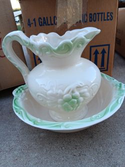 White and Green Ceramic Pitcher and Basin Set