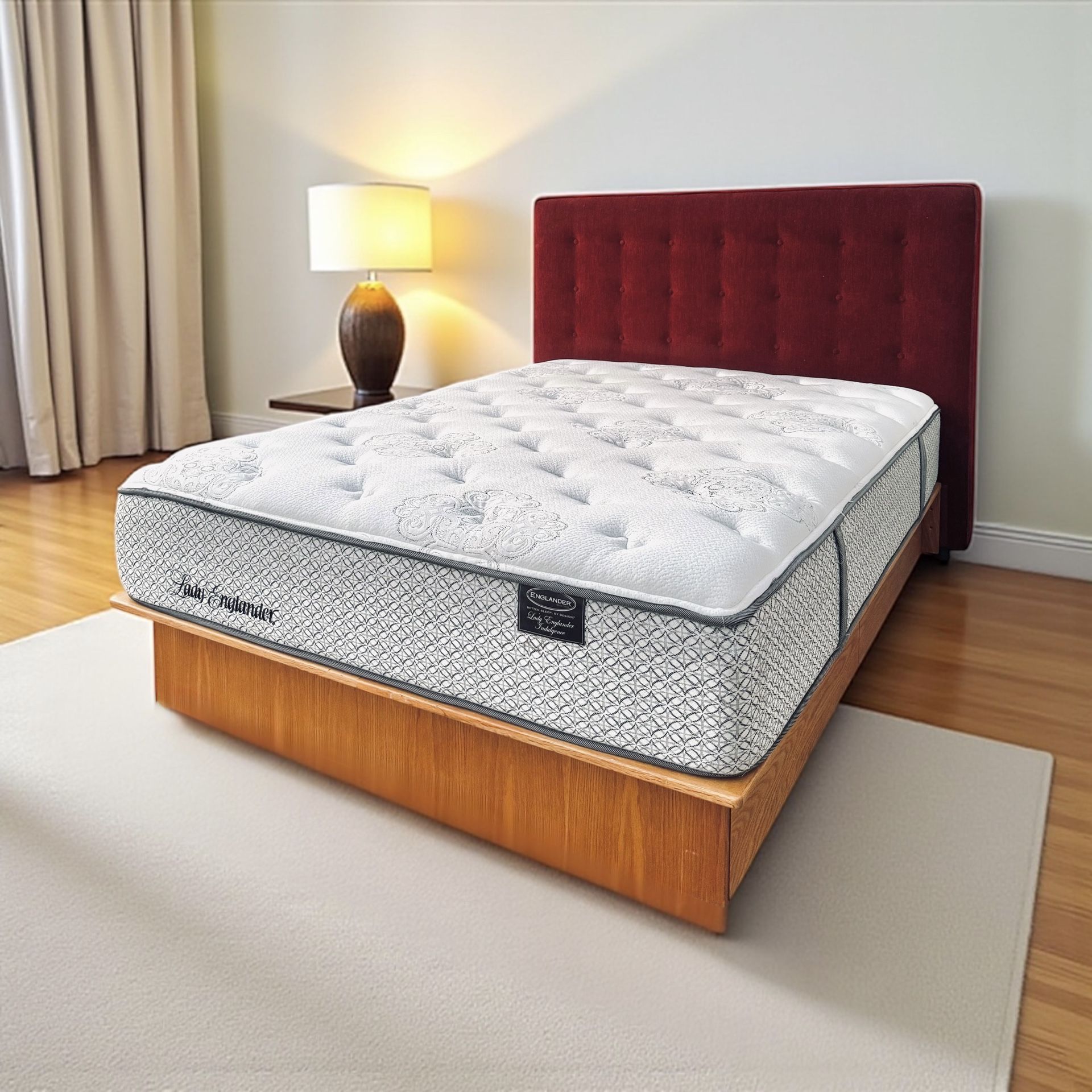 Queen Platform Bed With Red Upholstered Headboard & Mattress