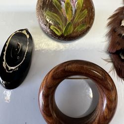 Two Wooden Brooches And Pendant