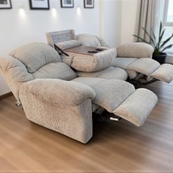 Franklin Corporation Beige 3-Seat Reclining Couch w/ Flip-Down Table