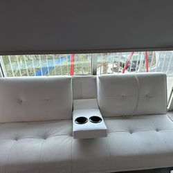 White Futon With Cup Holders (leather)  