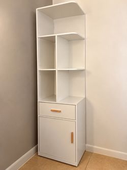 Modern White Storage Cabinet with Shelves & Drawer – Tall Organizer