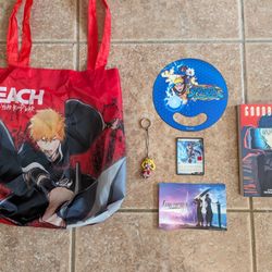 Anime Expo 2023 Bleach Thousand Year Blood War Bag With Naruto Fan, Imperious Highlander Card, Final Fantasy 7 Post Card, Sailor Moon Key Chain, Manga