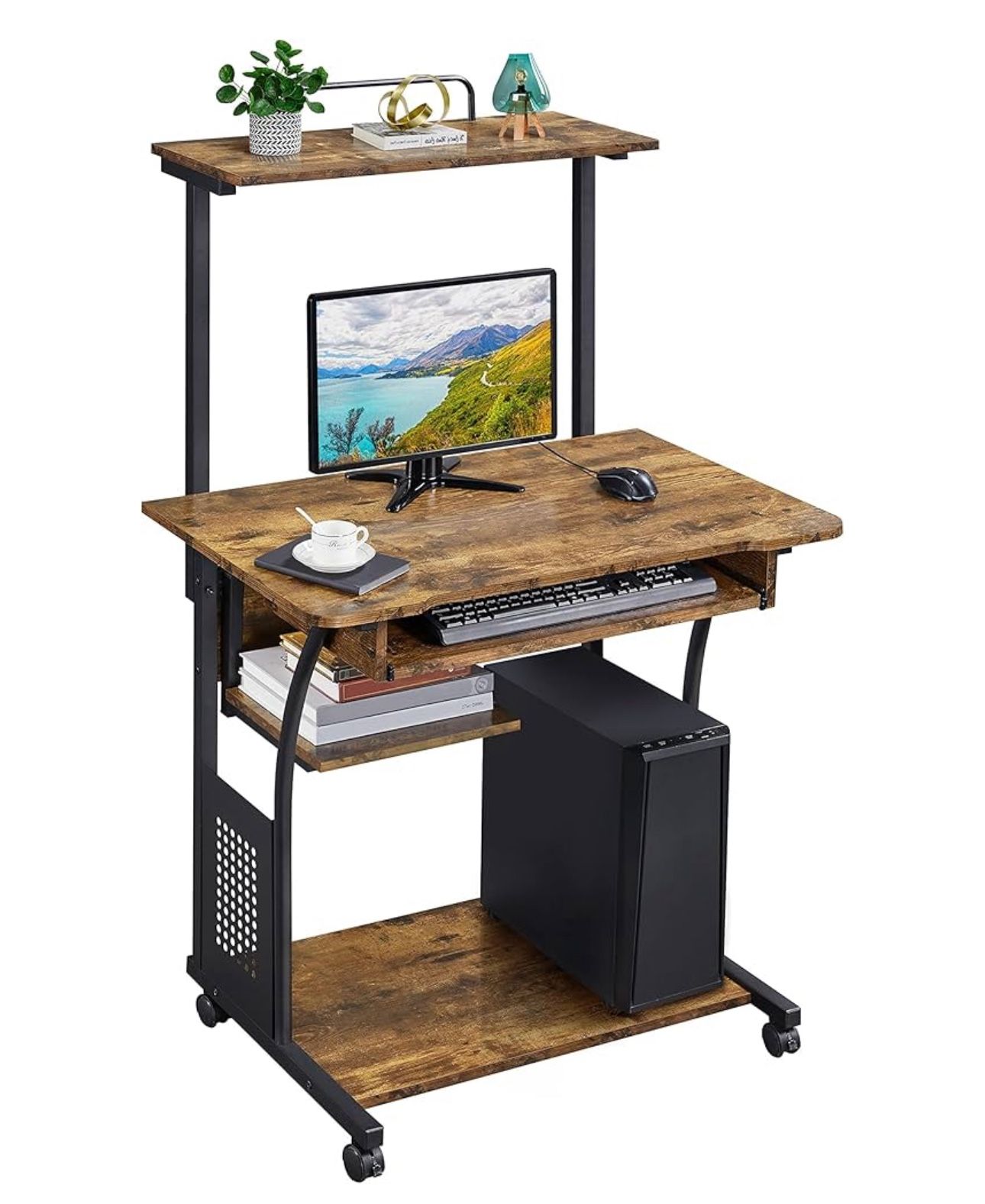 3 Tiers Rolling Computer Desk with Keyboard Tray and Printer Shelf for Home Office