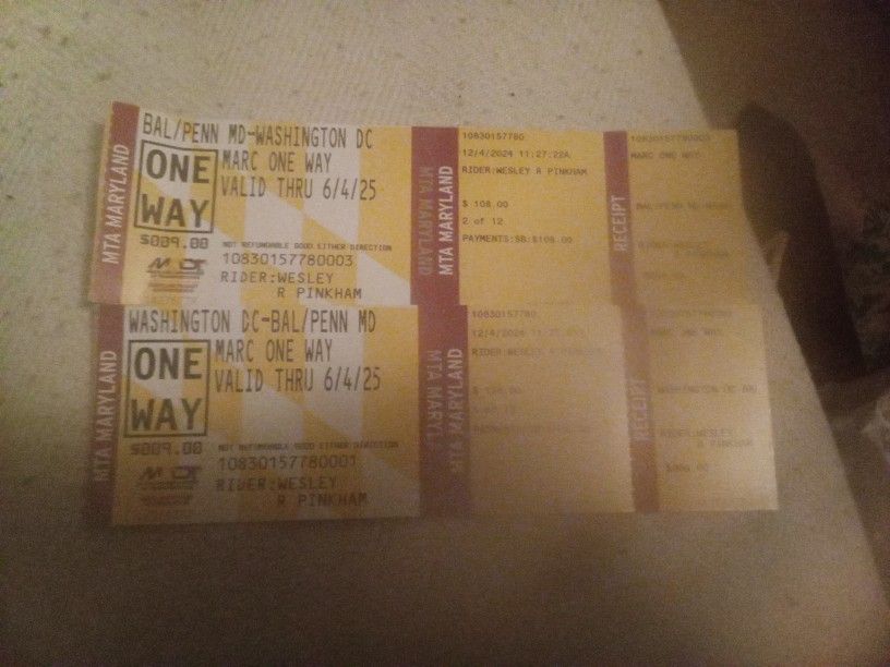 Penn Marc Train Tickets From Baltimore To Washington DC Valid Until 6/4/25