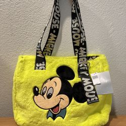 Disney Parks Mickey Mouse Neon Green Faux Fur Fuzzy Tote Bag - Brand New W Tag