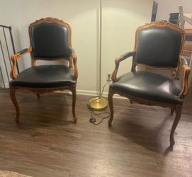 Chateau d'Ax French Louis XV Style Leather Fauteuil Arm Chairs - a Pair