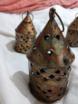 Set of 6 "bronzed" tin lanterns w loop for hanging.