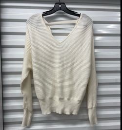 Hippie Rose Ivory Ribbed Knit V-Neck Pullover Sweater Women Long Sleeve S