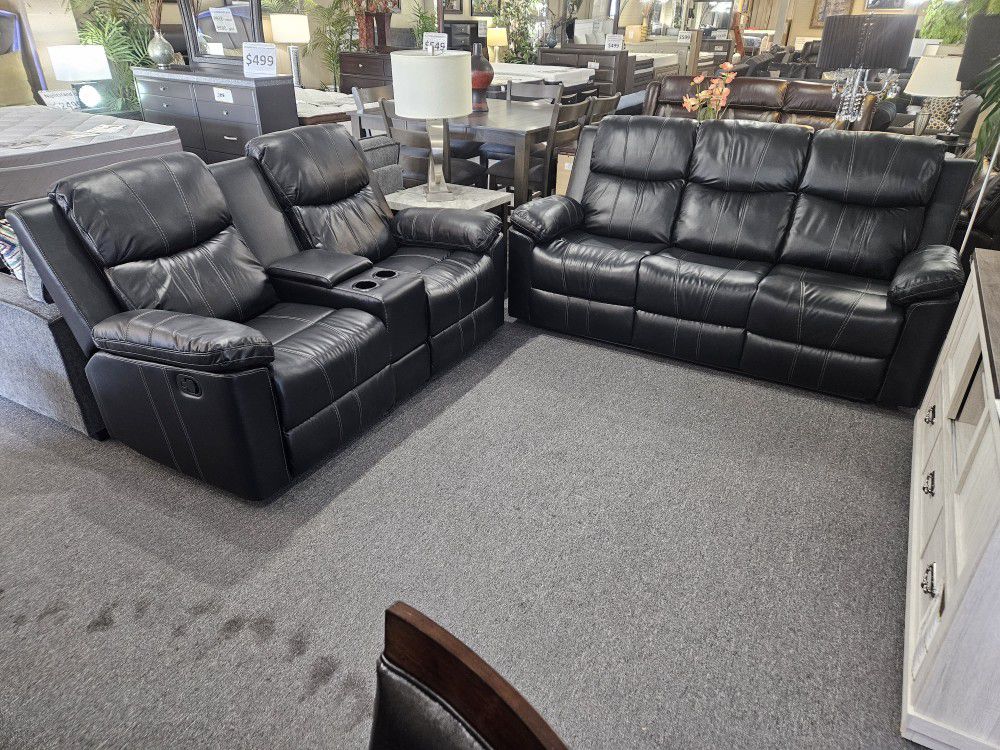 Brand New Black Faux Leather Manual Reclining Sofa + Loveseat With Cup Holders