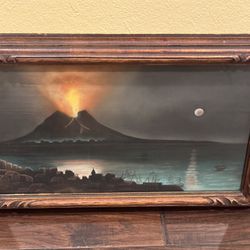 SUPERB Mt. Vesuvius Erupting at Night OLD Antique Pastel Painting